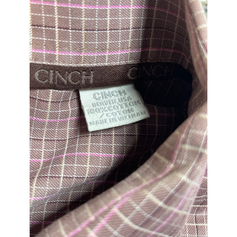 Cinch Men's Large Western Button Down Shirt Brown Pink Grid Check Long Sleeve - Picture 4 of 7